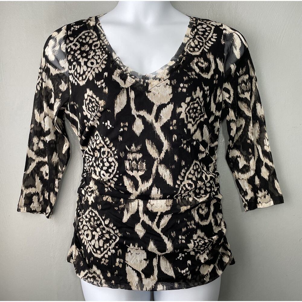 INC Ruched Mesh Top Size XL Black Tan Artsy Whimsigoth Office Siren Y2K Stretch
